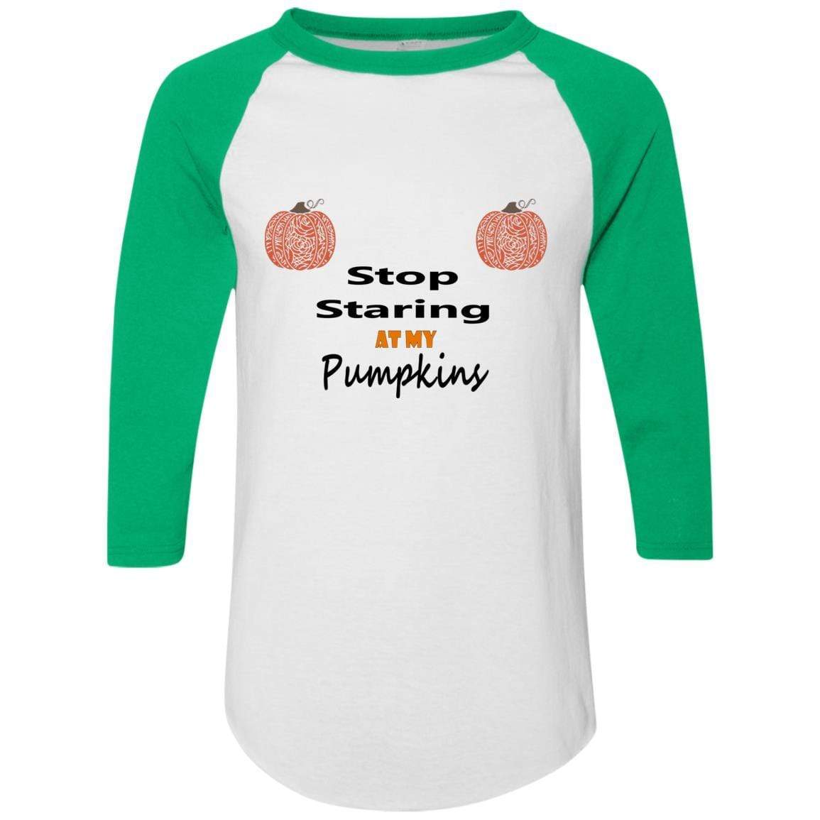 WineyBitches.Co Stop Staring At My Pumpkins Colorblock Raglan Jersey - Trendy Women's Fall Sweatshirt for Halloween, Thanksgiving & Cozy Seasonal Outfits