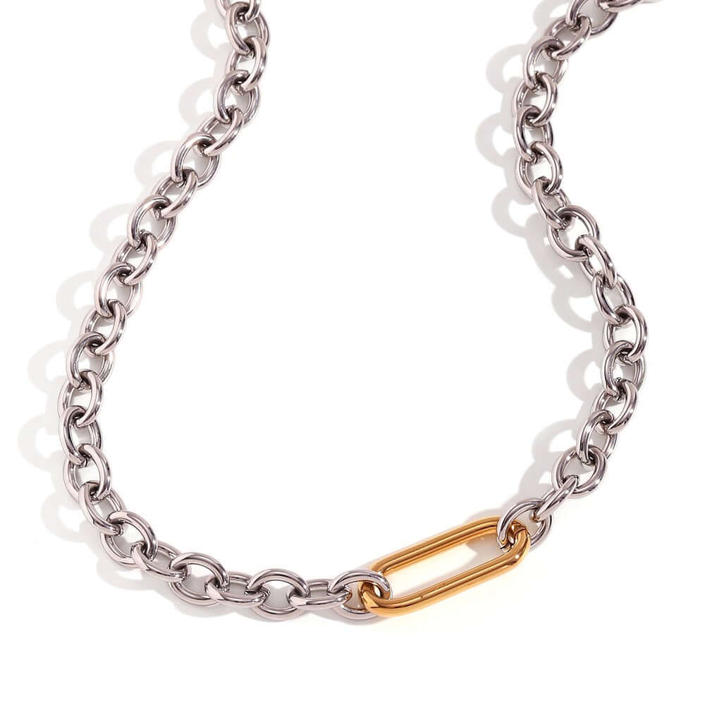 Edgy Two-Tone Paperclip Bold Chain Necklace N0384 | Trendy Layering Jewelry for Women, Perfect for Casual Outfits & Night Out Accessories