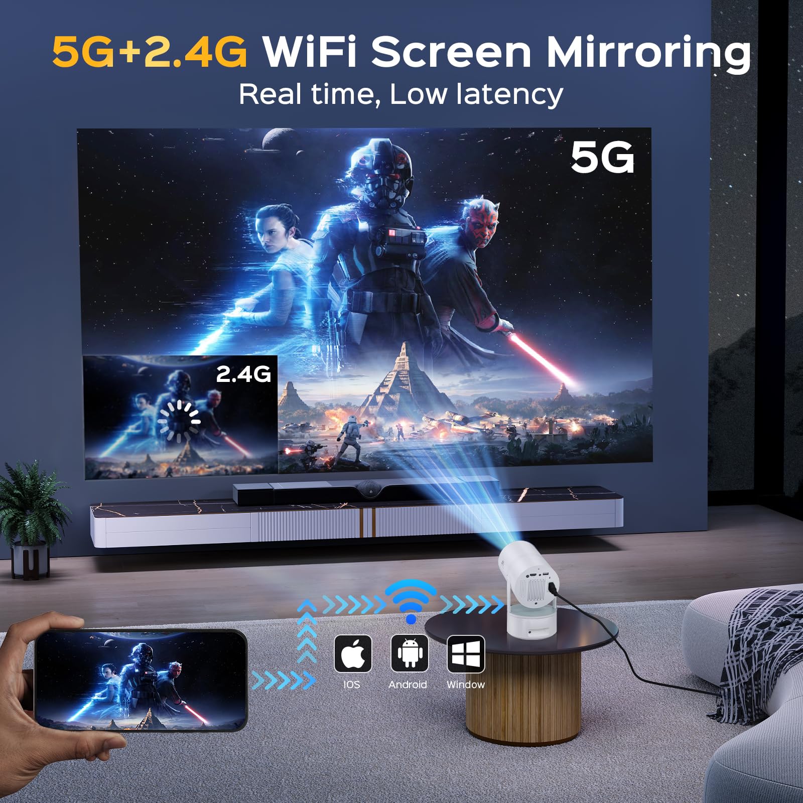 4K WiFi Bluetooth Mini Projector with Built-in Battery - 1080P Support, 270° Rotation, 150