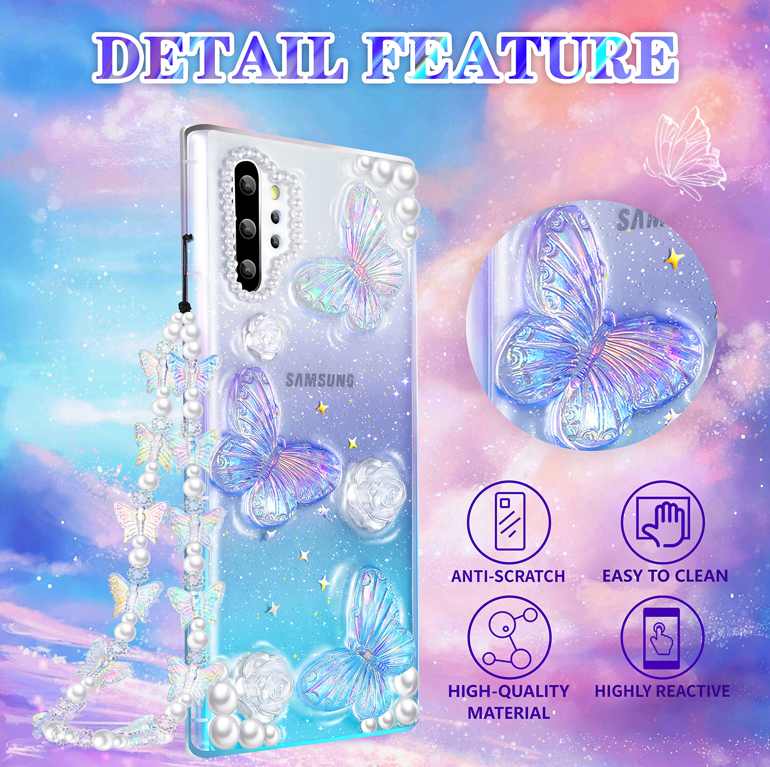 3-in-1 Samsung Galaxy Note 10 Plus Case - Crystal Clear Butterfly Design with Glitter Sparkle, Includes Phone Chain & Screen Protector | Stylish Protective Case for Women & Teen Girls | Perfect for School, Work & Everyday Use