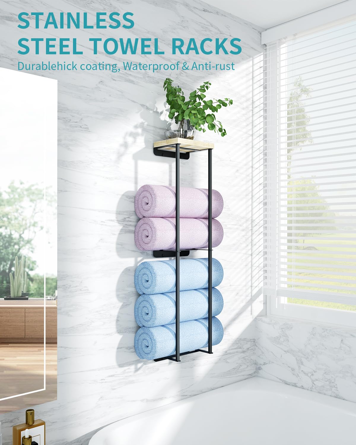 2-Tier Wall Mounted Towel Rack with Wood Shelf - Bathroom Organizer & Storage Space Saver - Black Metal Towel Holder for Bath, Kitchen, Laundry Room - Perfect for Small Spaces & Home Decor