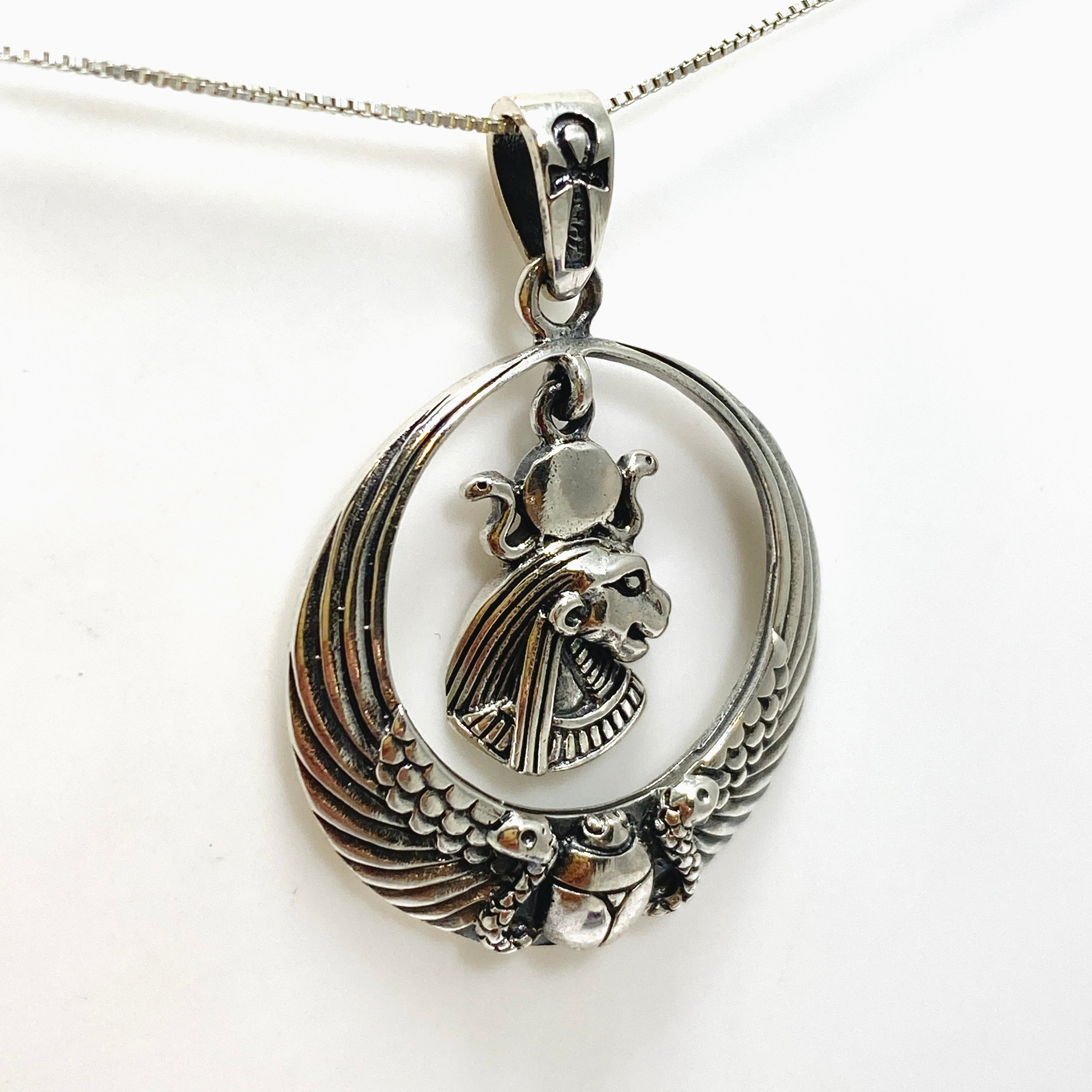 Sekhmet Lion Head Pendant with Scarab & Ankh - Ancient Egyptian Jewelry - Sterling Silver Necklace for Women - Perfect for Spiritual Protection & Boho Fashion