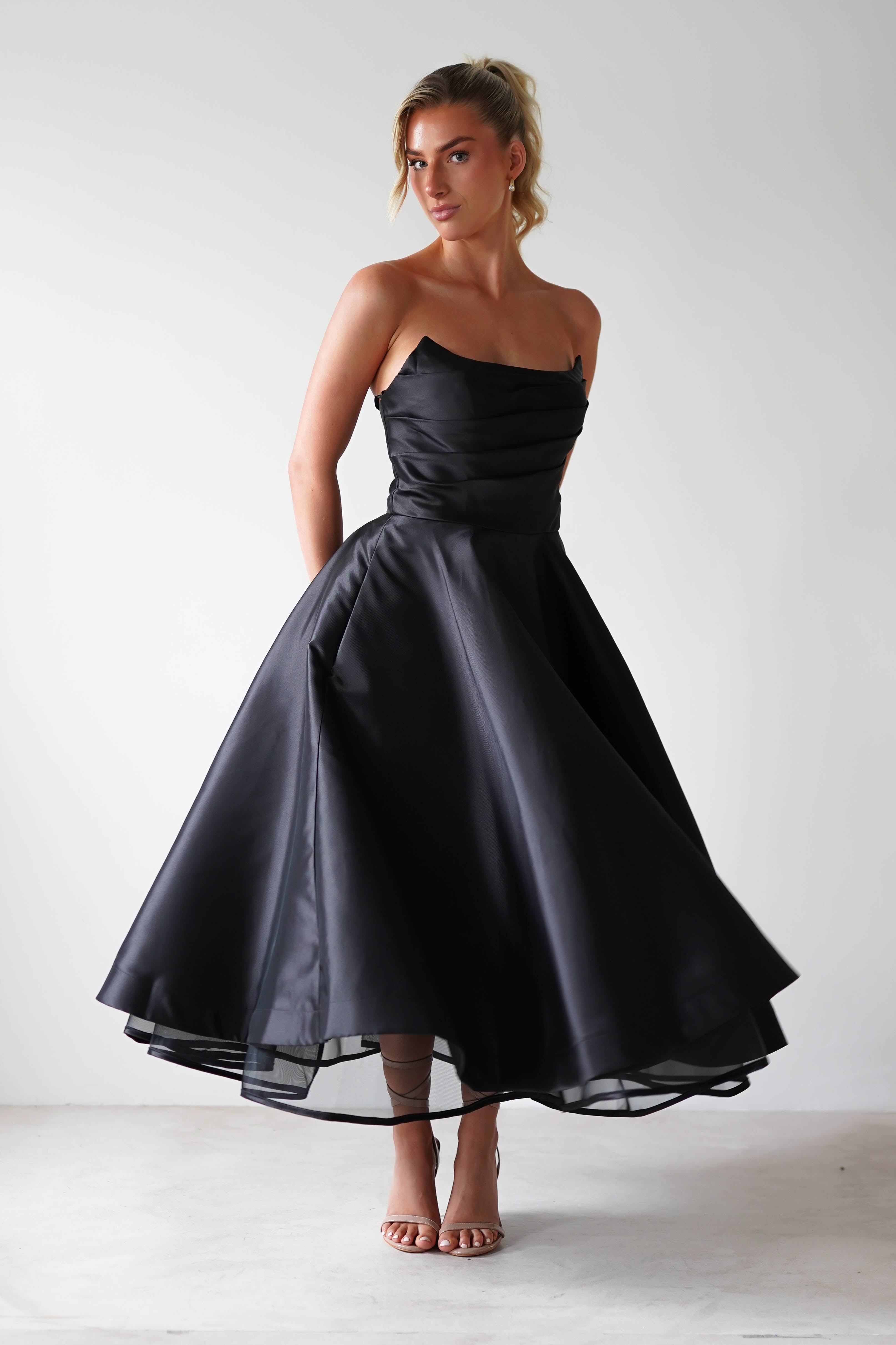 Madison A-Line Midi Dress for Women - Elegant Black Flowy Dress for Party, Wedding & Special Occasions