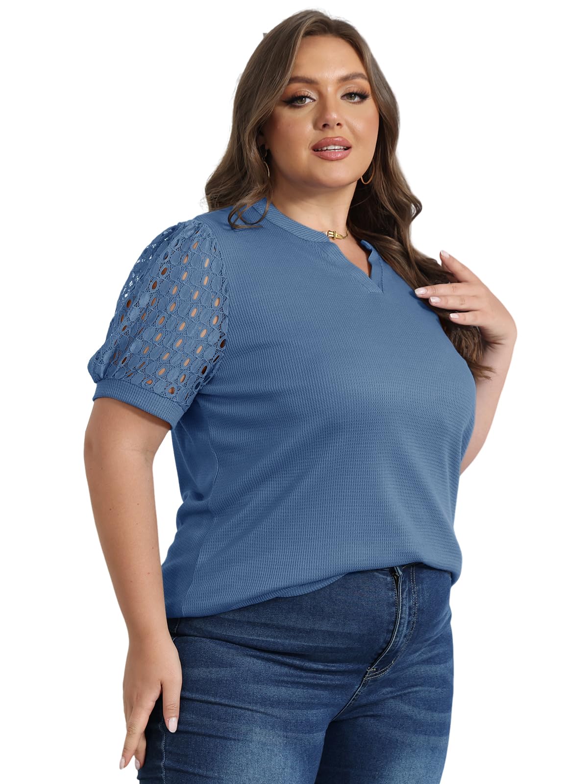 HDLTE Plus Size Women's Short Sleeve Lace Waffle Knit Oversized Blouse - Comfortable & Stylish Casual Top for Work, Date Night & Everyday Wear