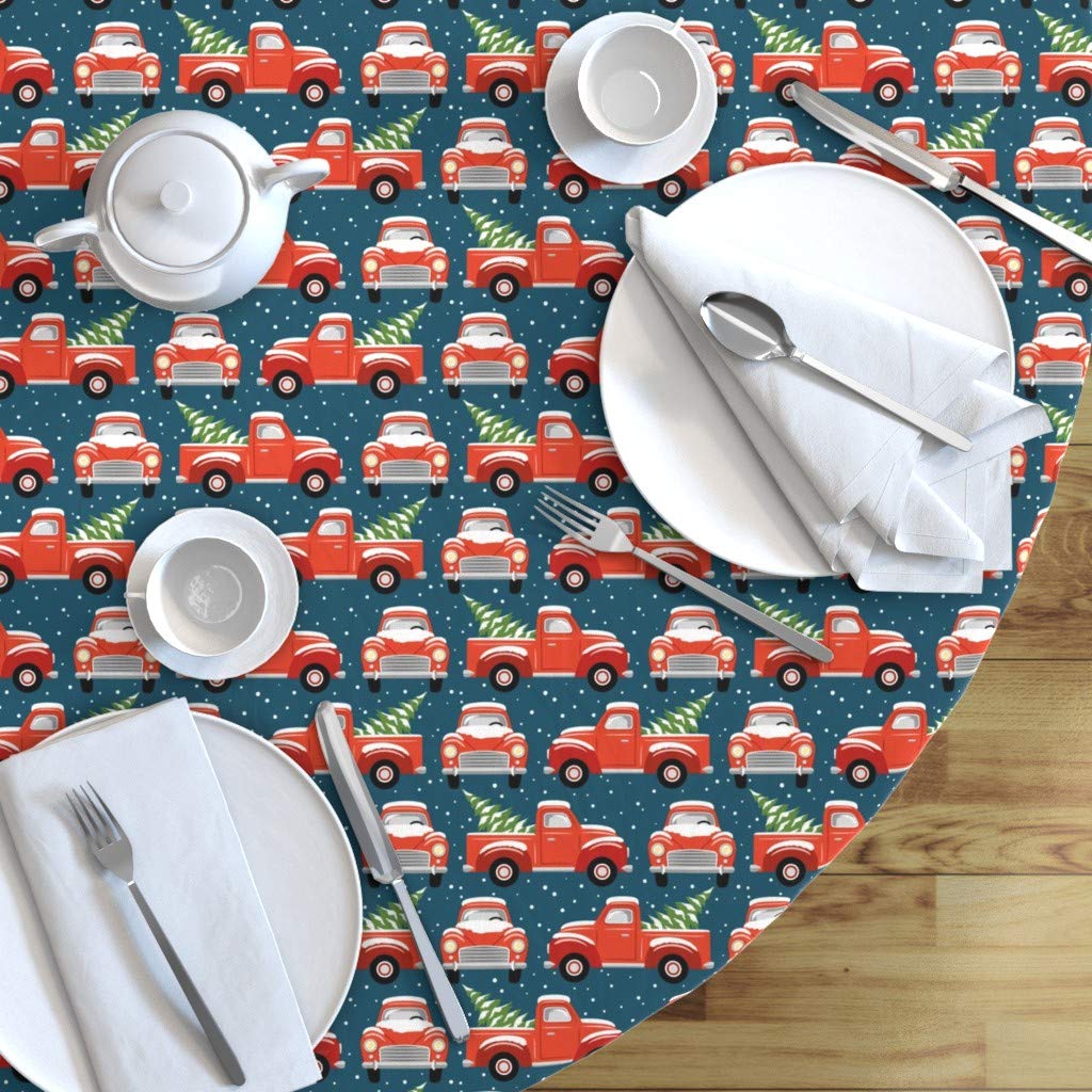 Vintage Christmas Trucks Dark Blue Cute Red Retro Tree Print Cotton Sateen Tablecloth - 70 Inch Round Custom Table Linens for Holiday Dining & Festive Home Decor