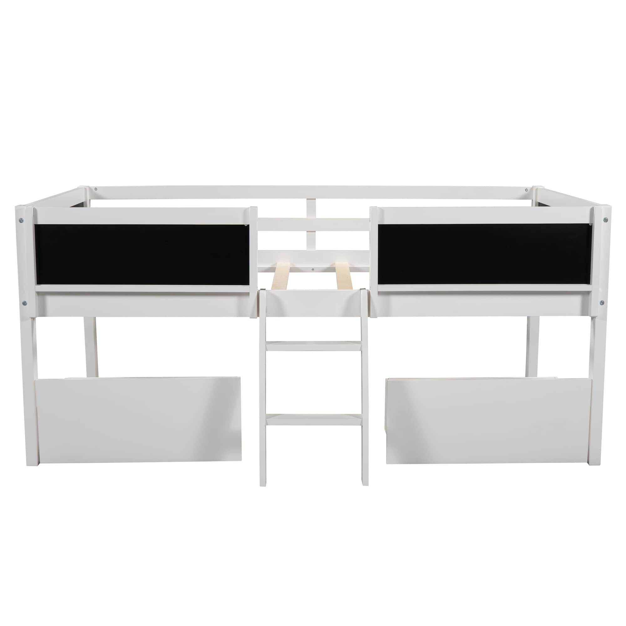 **White Twin Loft Bed with Two Movable Drawers & Ladder - Wooden Low Loft Bed for Kids with Decorative Guardrail & Chalkboard - Perfect for Boys & Girls Bedroom, Small Spaces & Play Areas**
