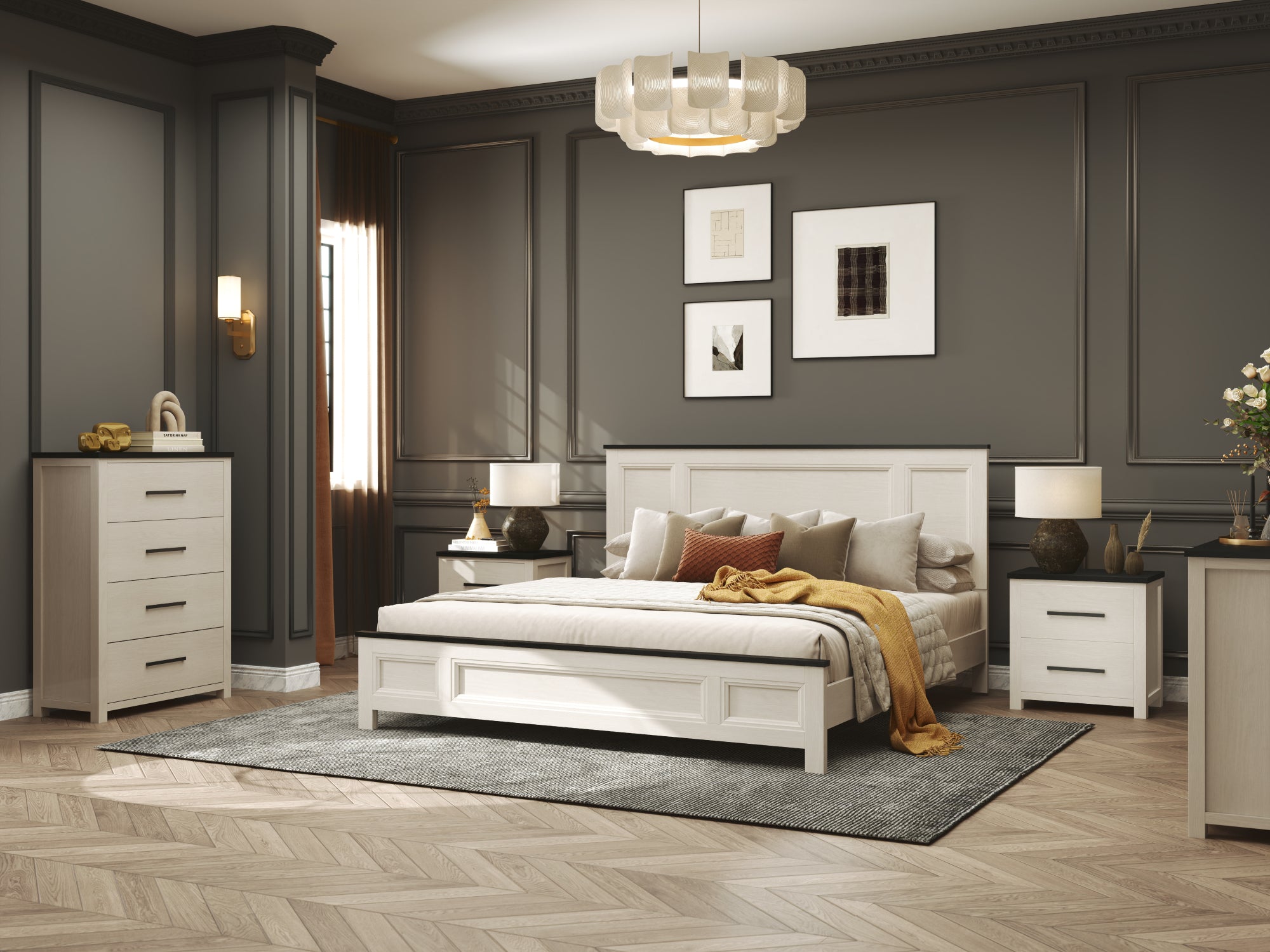 Roundhill Furniture Realynn Wood Bedroom Collection - Queen Size Bed Frame, Nightstand & Dresser Set in Off White Finish | Modern Farmhouse Style for Master Bedroom & Guest Room Decor