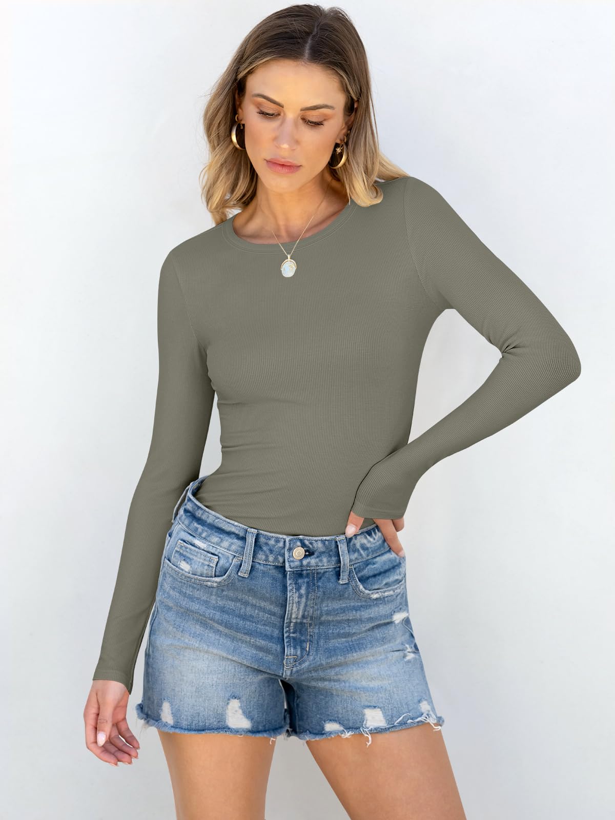 ANRABESS Women's Long Sleeve Crewneck Rib Knit Slim Fit Basic T-Shirt - Casual Workout & Going Out Tops | Perfect for Yoga, Gym, and Everyday Wear