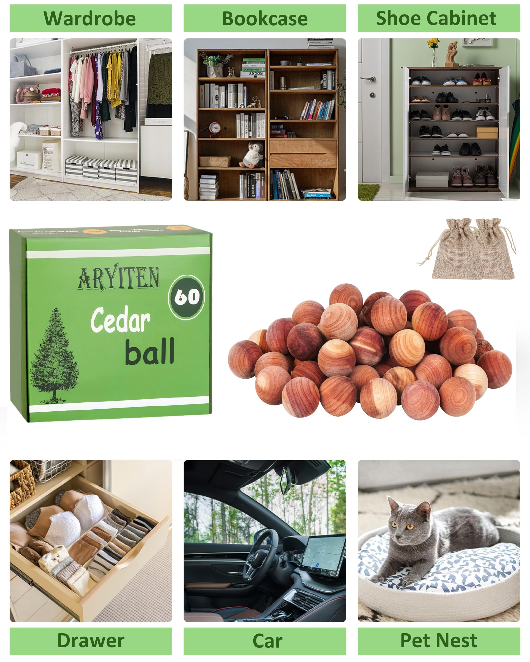 Natural Cedar Balls for Clothes Storage - 60 Pack Aromatic Cedar Wood Balls for Wardrobe, Kitchen, Closet & Drawer Freshener | Moth Repellent & Odor Eliminator for Home Organization & Laundry Care