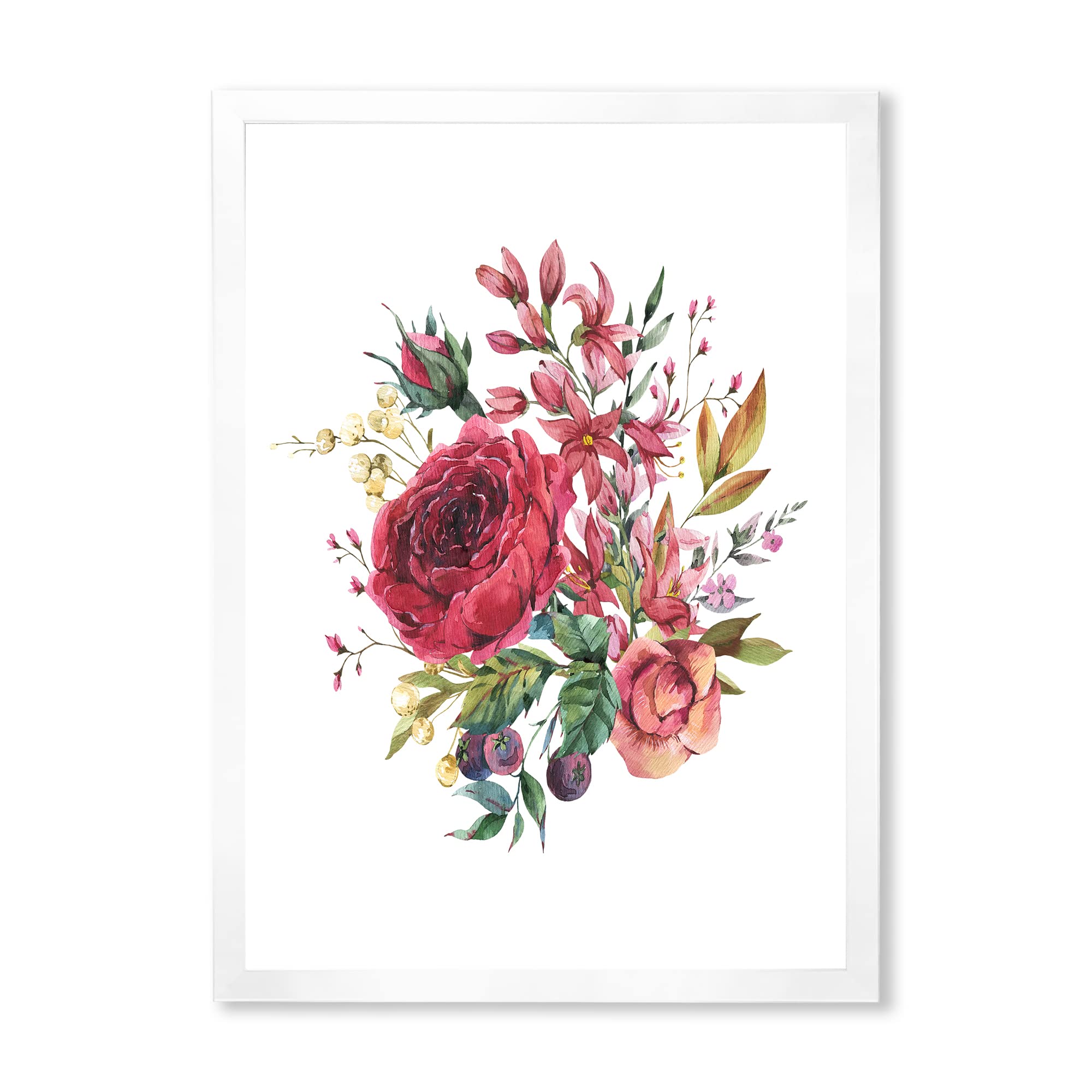 Vintage Burgundy Rose and Wildflowers Farmhouse Framed Wall Art - Rustic Home Decor for Living Room, Bedroom & Office - Perfect Gift for Housewarming & Wedding