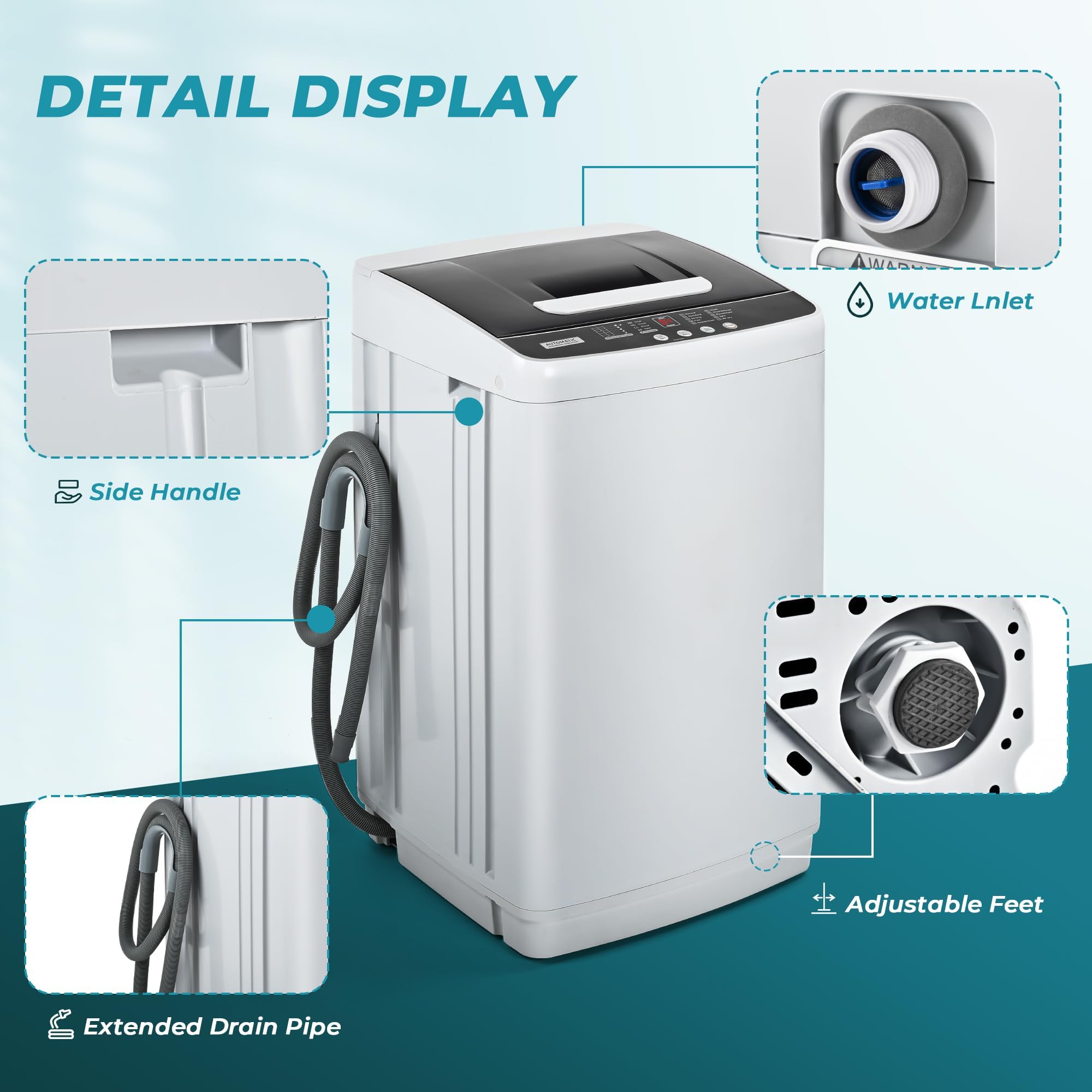 Euhomy 1.03 cu.ft Portable Washing Machine - 8.8LBS Capacity Compact Washer with 10 Programs & 5 Water Levels, Drain Pump, LED Display - Perfect for Apartments, RVs, Tiny Homes & Laundry Rooms - Light Gray Portable Washer for Small Spaces & Travel