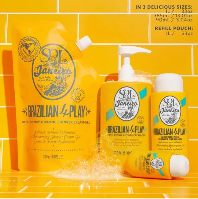 SOL DE JANEIRO Brazilian Play Moisturizing Shower Gel Body Wash 1L + 1L Refill Pouch - Amazon Exclusive | Hydrating Coconut Scent for Soft Skin | Perfect for Daily Shower & Spa Day at Home