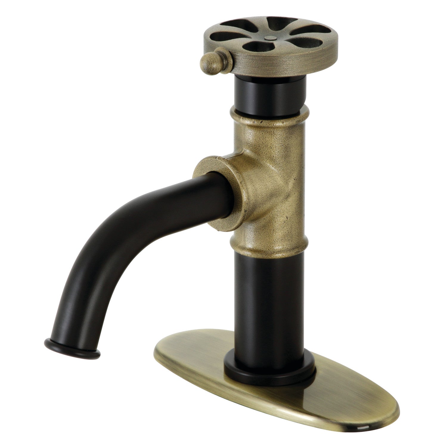 Belknap KSD2823RX Single Handle Bathroom Faucet with Deck Plate & Push Pop-Up Drain - Matte Black/Antique Brass Finish for Modern & Vintage Bathroom Decor