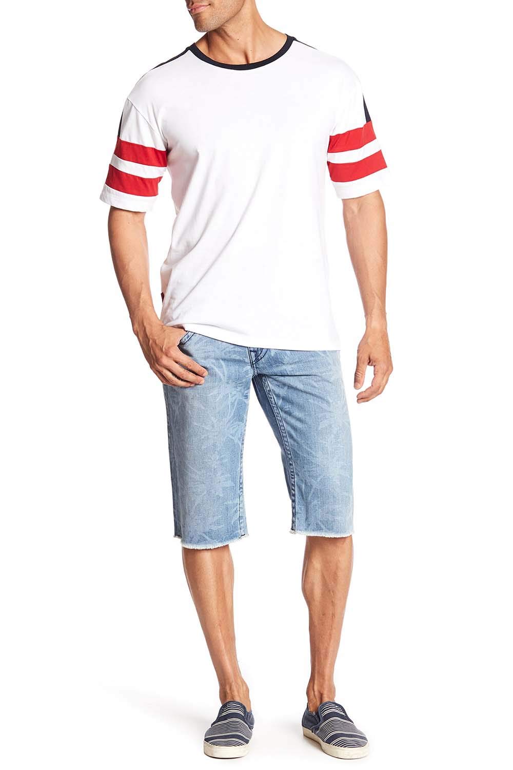 True Religion Men's Straight Flap Cut-Off Denim Shorts - Indigo Groove Wash - Size 33 - Casual Summer Streetwear for Beach & Outdoor Activities