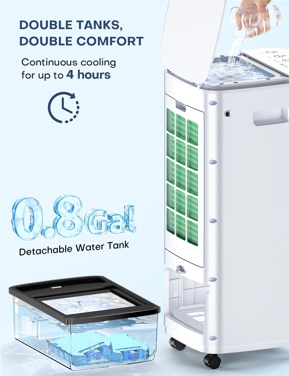 BALKO 25-Inch Portable Evaporative Air Cooler with Double Water Tanks, Smart Timer & 3 Ice Packs - 60W Energy Efficient, 70° Oscillation, 3-Speed Windowless Air Conditioner for Bedroom, Office & Outdoor Use - Perfect for Summer Cooling & Home Comfort