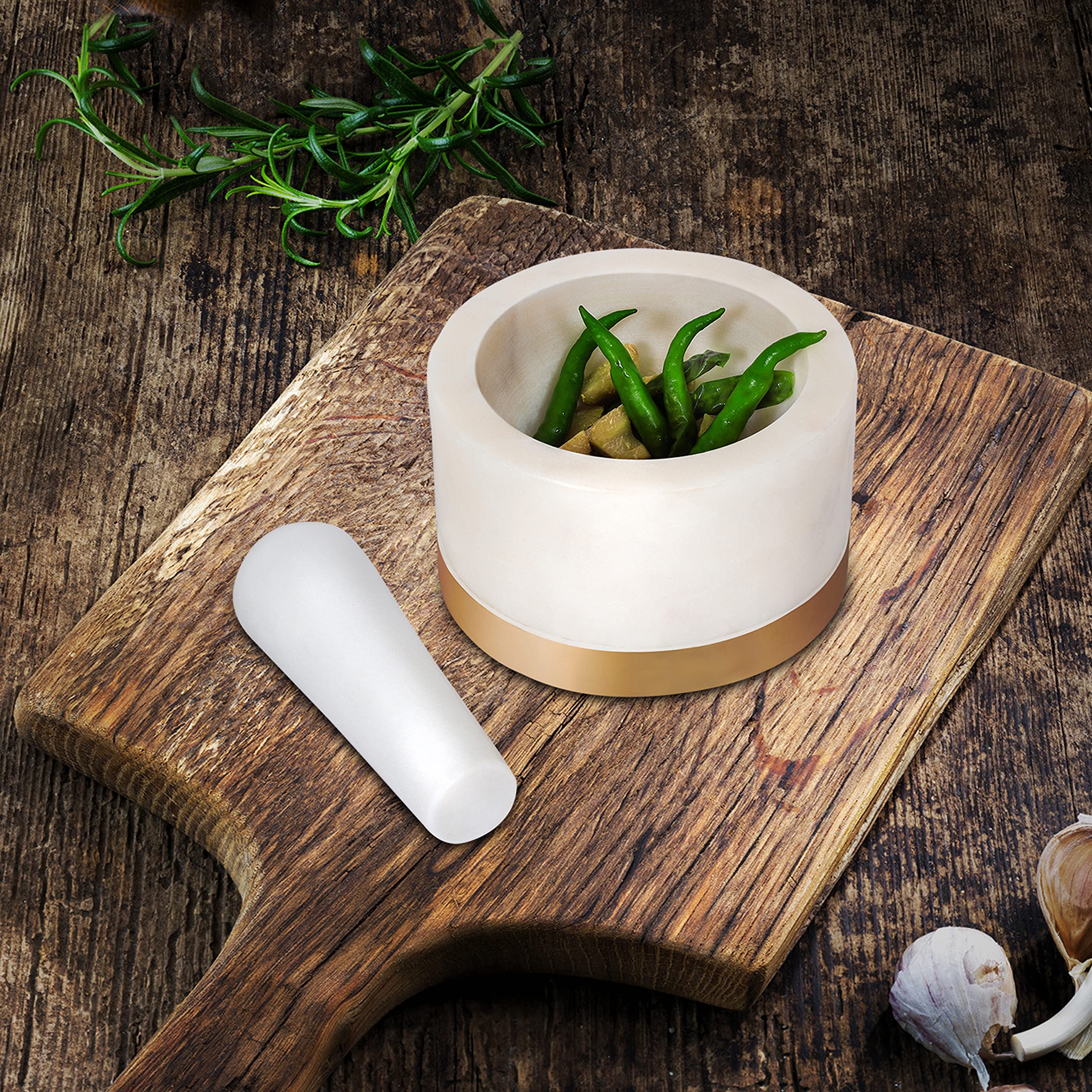 Premium Marble Mortar and Pestle Set with Brass Base - Heavy Duty Natural Stone Grinder for Spices, Herbs, Seasoning & Pastes - Perfect for Kitchen, Cooking, Ayurveda & Herbal Medicine Preparation