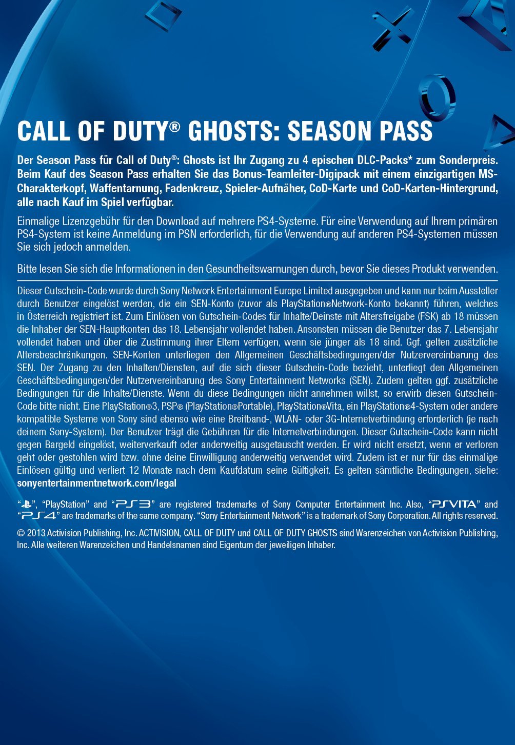 Call of Duty: Ghosts Season Pass - PS4 PSN Code (Austrian Account) | Bonus DLC Content | Perfect for Multiplayer Gaming & Exclusive Missions