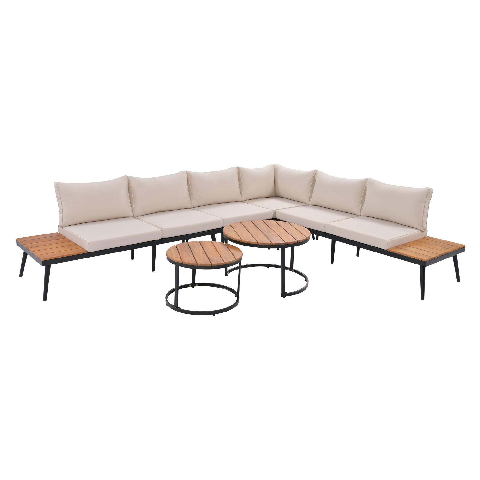6-Piece Outdoor Sectional Sofa Set with Round Nesting Coffee Tables & Cushioned Seating - Patio, Porch, Garden Furniture for Backyard, Poolside & Outdoor Living Spaces