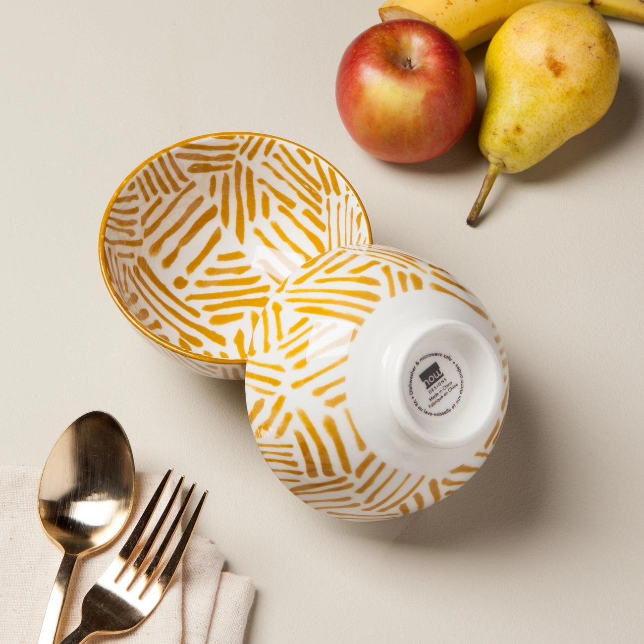 4-Piece Ochre Lines Ceramic Bowls Set - Handcrafted Stoneware for Soup, Salad, Cereal & Dessert - Elegant Dinnerware for Home Dining & Party Serving