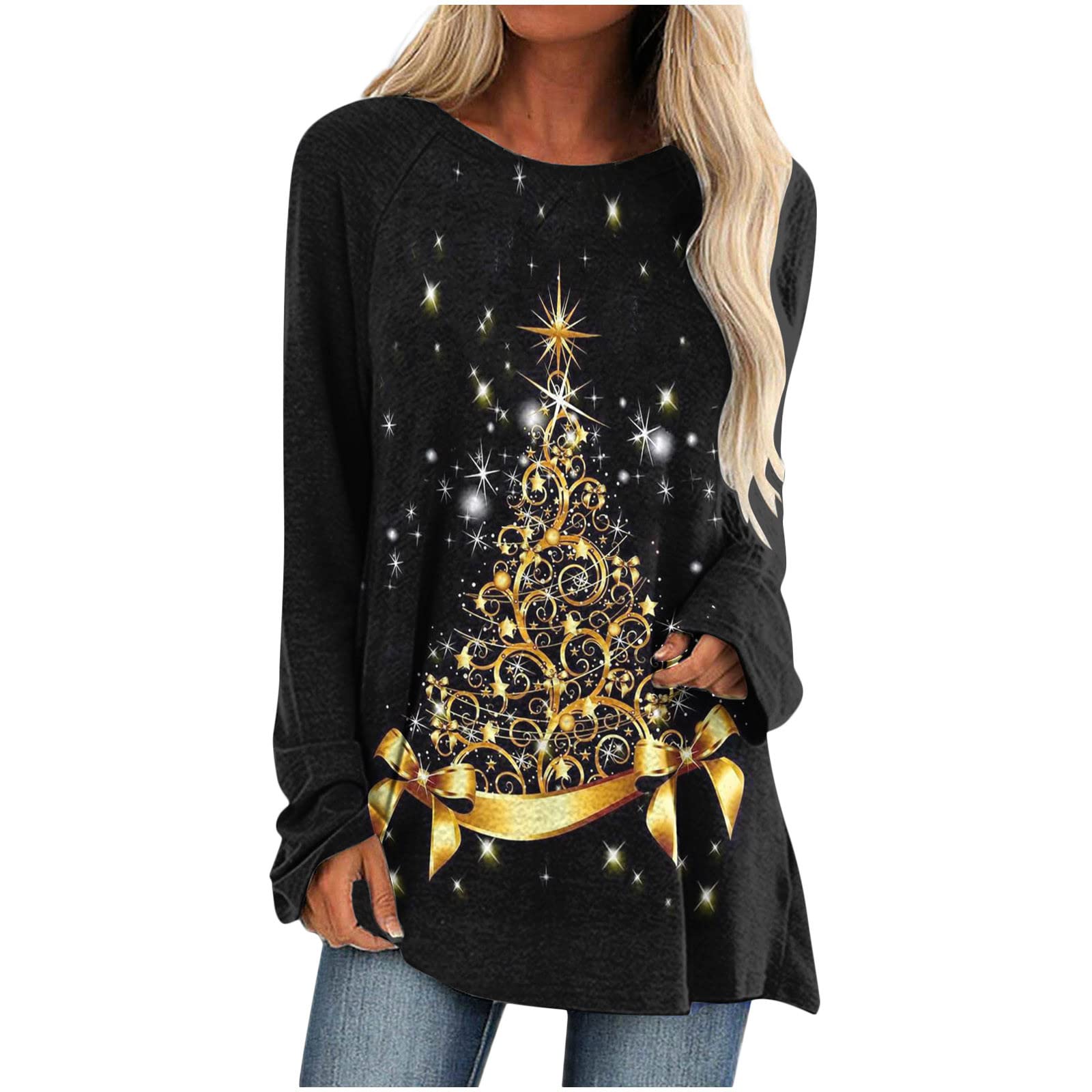 Uppada Women's Long Sleeve Graphic Tunic Tops - Casual Loose Fit Fall Shirts for Leggings | Christmas Holiday Tees & Everyday Wear