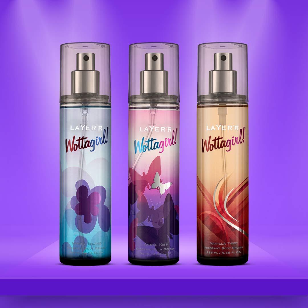 Layer'r Wottagirl Fragrant Body Splash Trio Set - Amber Kiss, Mystic Island & Vanilla Twist | Long-Lasting Perfume Mist for Women | Perfect for Daily Use, Gym, Office & Date Nights