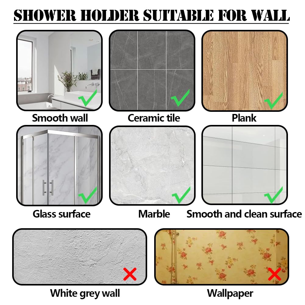 2-Piece Adjustable Shower Head Holder - No Drill Wall Mount with Strong Adhesive, Universal Shower Wand & Hose Bracket for Bathroom, Perfect for Renters & Homeowners