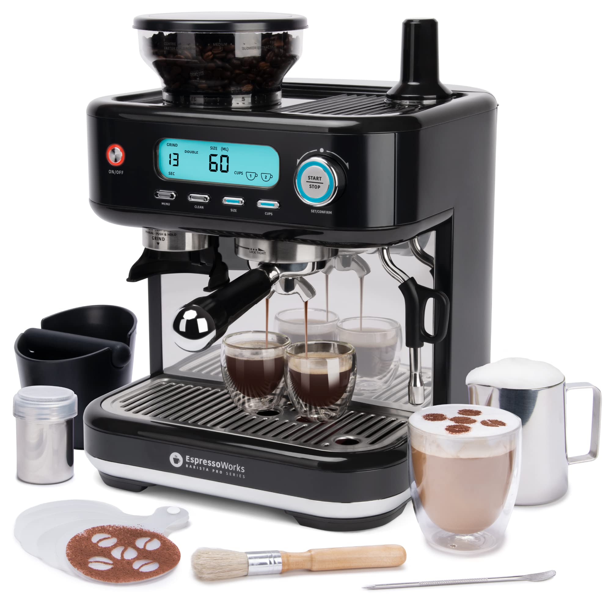 EspressoWorks Barista Pro Series 15-Bar Espresso Machine with Built-in Grinder & Milk Steamer - LCD Display, 30-Piece Coffee Bundle - Fast 60-Second Heat Up for Latte & Cappuccino - Perfect for Home Baristas & Coffee Lovers (Black) | Ideal for Kitchen Countertops, Office Break Rooms & Coffee Shops