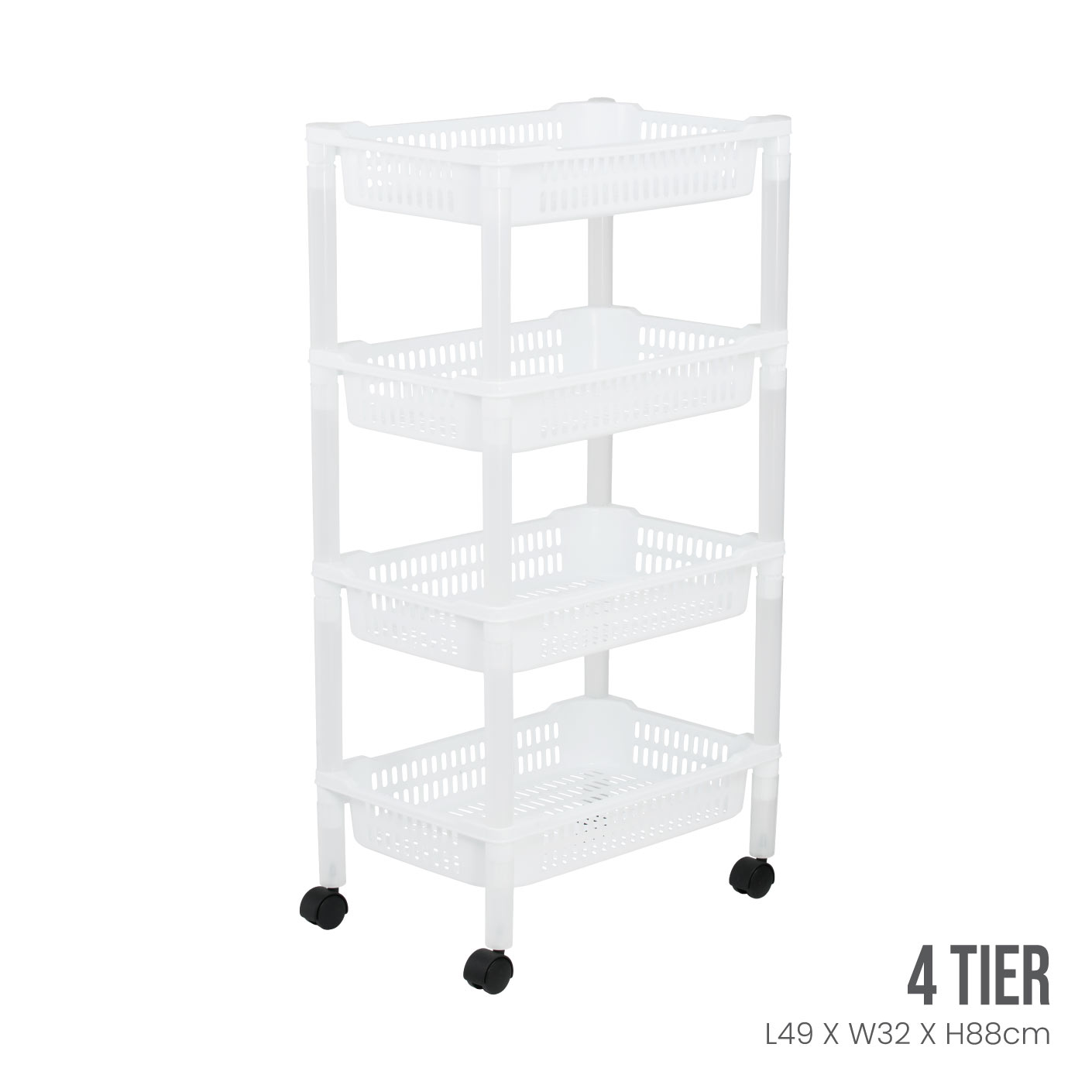 4 Tier Rolling Storage Cart with Wheels - Foldable Metal Utility Basket Organizer for Kitchen, Bathroom, Office, or Garage Use