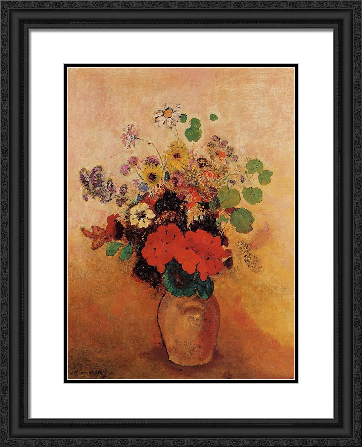 Odilon Redon 'A Vase of Flowers XII' 20x24 Inch Framed Art Print - Black Ornate Frame with Double Matting - Floral Wall Decor for Living Room, Bedroom & Office