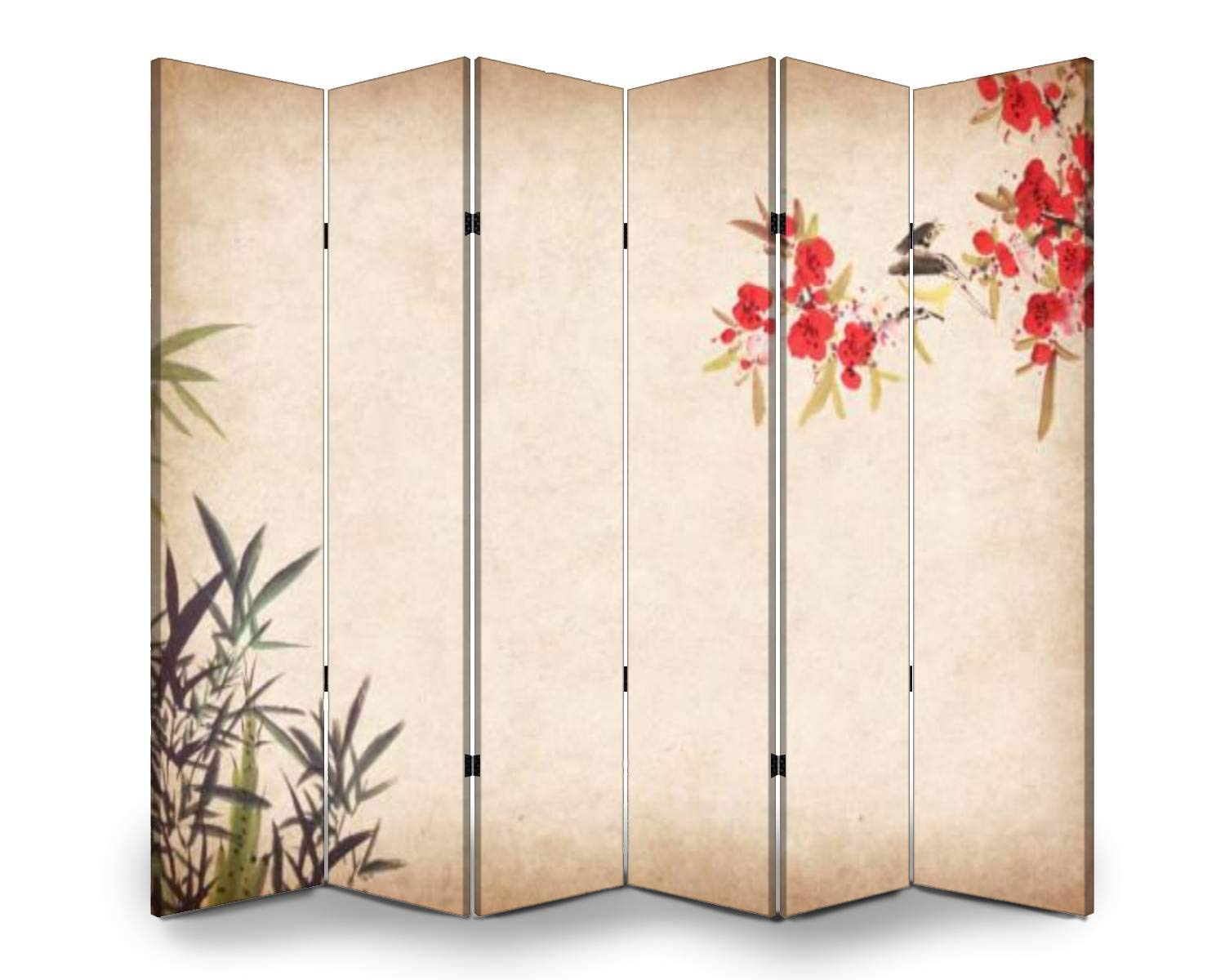 6 Panel Folding Room Divider - Traditional Chinese Plum Blossom & Birds Art Privacy Screen - Freestanding Indoor/Outdoor Partition for Home, Office, Garden, and Event Spaces