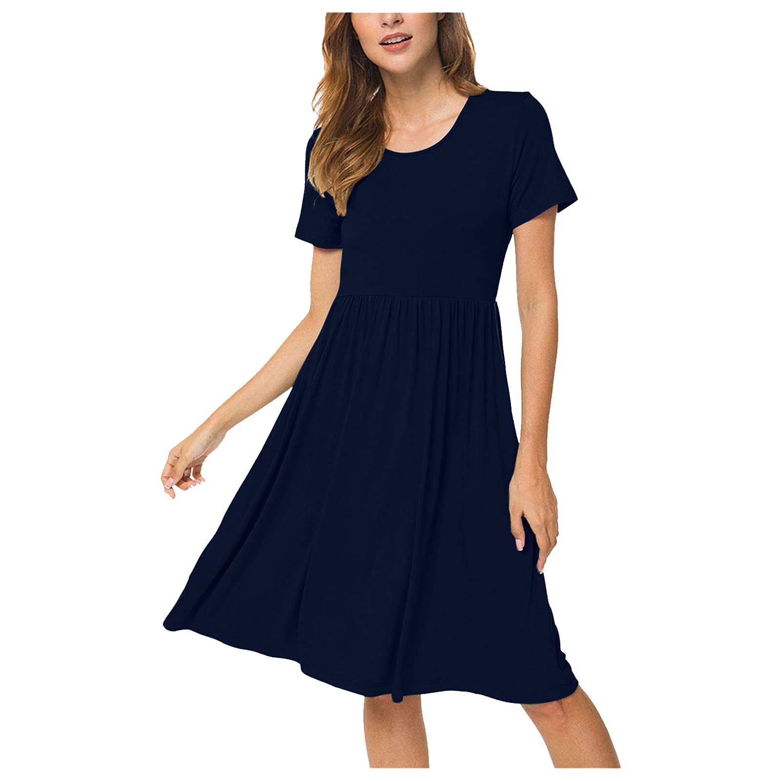 Women's High Waist Short Sleeve Midi Dress with Pockets - Casual Summer Flowy Dress for Outdoors, Beach, and Daily Wear