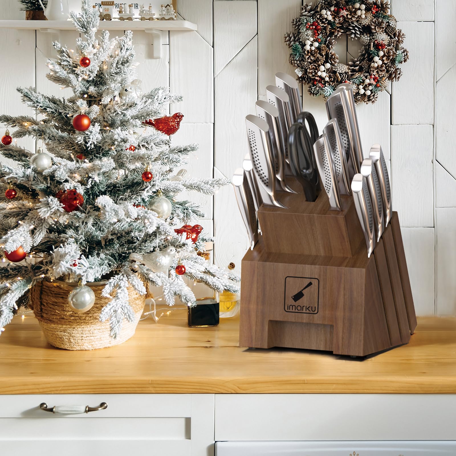 Imarku 16-Piece High Carbon Stainless Steel Kitchen Knife Set with Wooden Block - Ultra Sharp Japanese Knives with Non-Slip Ergonomic Handle, Dark Brown - Perfect for Home Chefs, Cooking Enthusiasts & Wedding Gifts