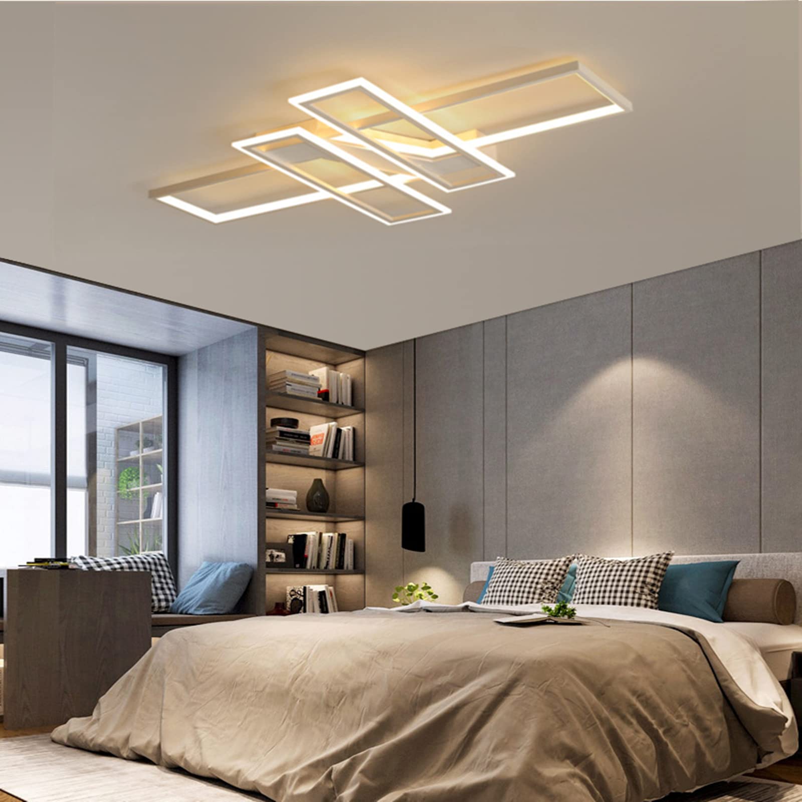 Dimmable Modern LED Ceiling Light Fixture with Remote Control - 35.4 Inch Flush Mount Geometric Lighting for Bedroom, Living Room & Dining Room - Energy Efficient White LED Panel for Home & Office Decor