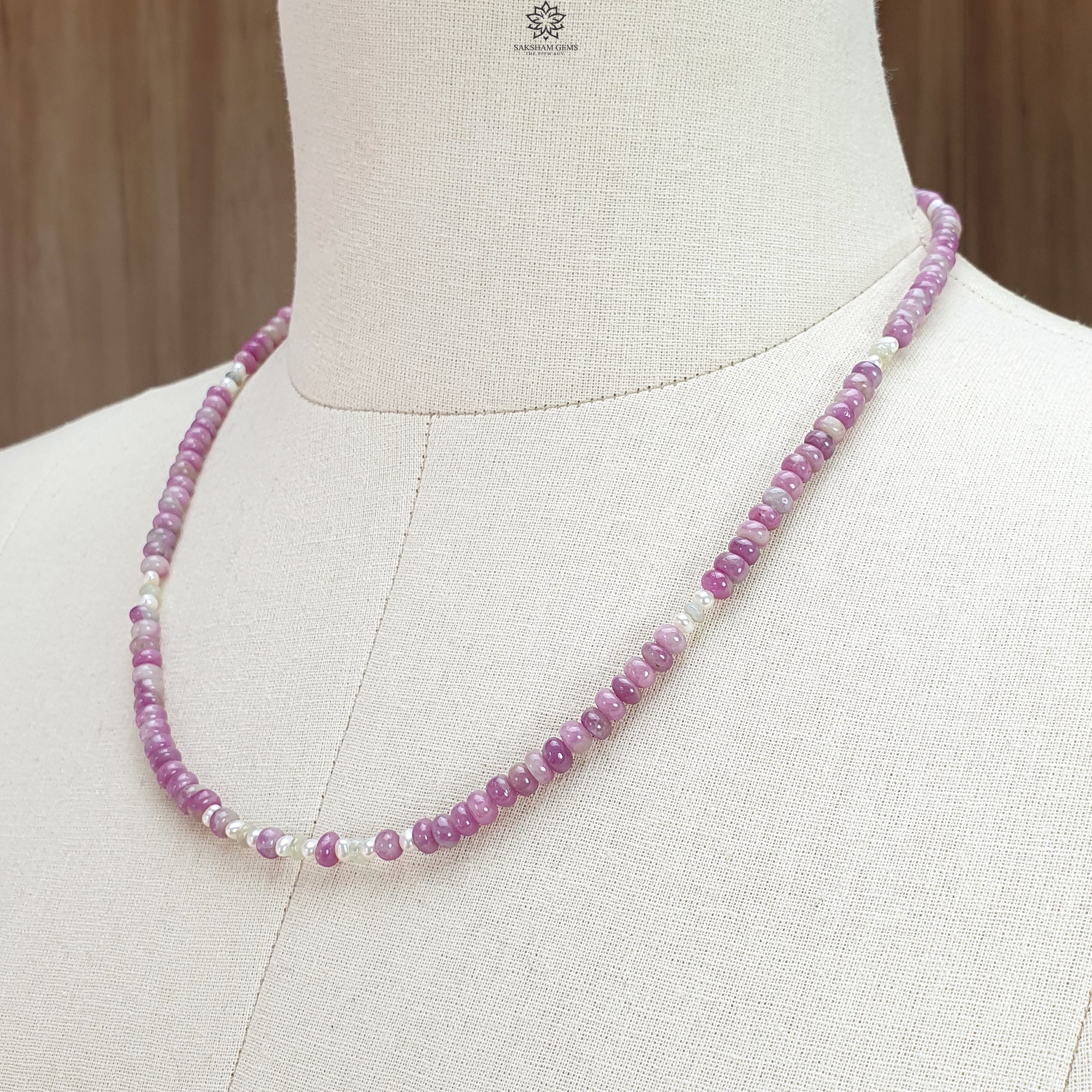 Natural Ruby Gemstone Beads Necklace - 21.85g Untreated Ruby with White Pearl & Cat's Eye Brass Rondelle Beads (4.5mm-5mm, 18