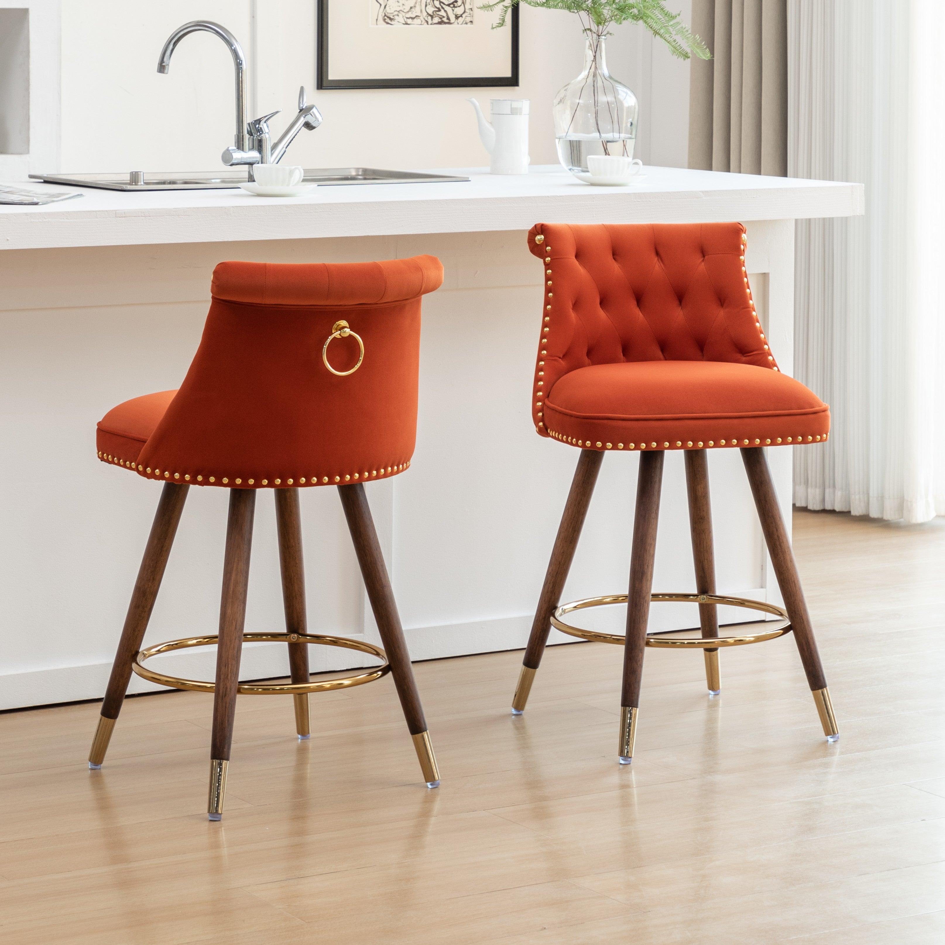 Roundhill Furniture Elvara Set of 2 Button Tufted Counter Stools with Nailhead Trim - Modern Kitchen Bar Stools for Breakfast Nook, Kitchen Island & Home Decor