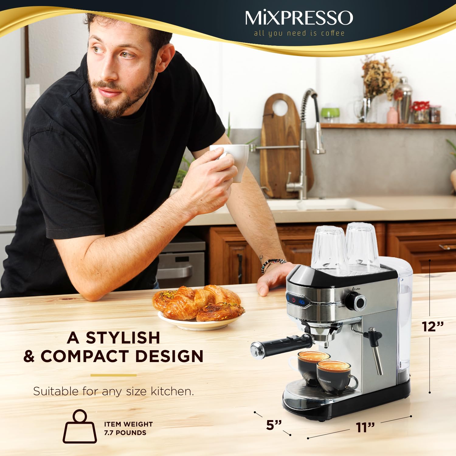 Mixpresso Professional 15 Bar Espresso Machine with Milk Frother - Fast 1450W Heating, 37Oz Water Tank & Double-Cup Splitter - Perfect for Home Baristas Making Espresso, Cappuccino & Latte - Ideal for Morning Coffee, Entertaining Guests & Small Cafes