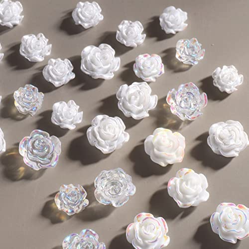 Gleevia 60Pcs 3D White Acrylic Rose & Aurora Camellia Nail Charms - DIY Nail Art Jewelry, Rhinestone Decorations for Manicure, Bridal, Party & Salon Nail Designs