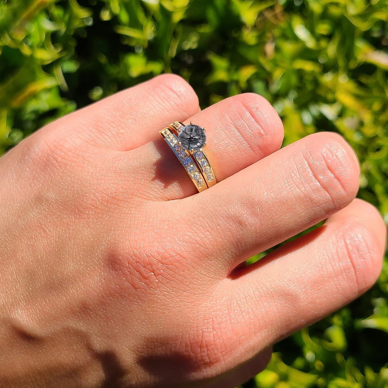 14K Yellow Gold Two Piece Half Eternity Band Ring with Round Natural Rutilated Quartz - Elegant Cathedral Setting for Wedding, Anniversary & Special Occasions
