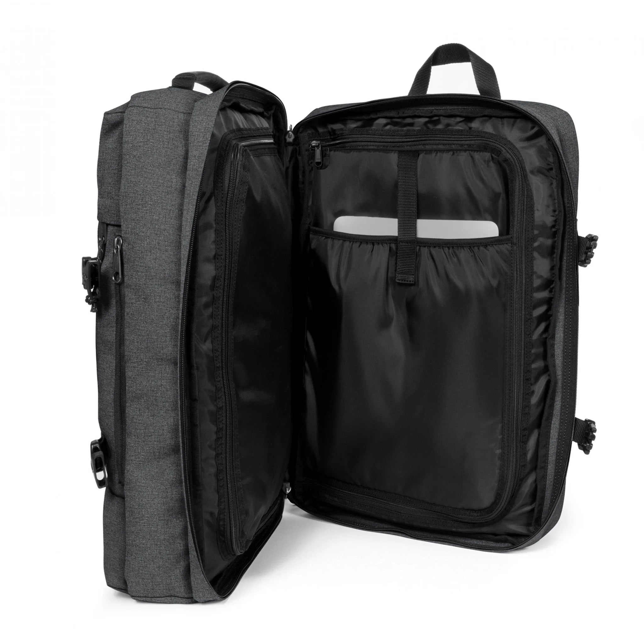Eastpak Travelpack Backpack - Durable Black Denim for Travel, Work & School | Stylish & Spacious Carry-On for Commuters & Students