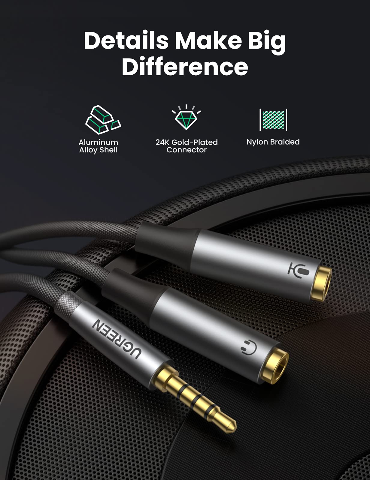 UGREEN 3.5mm TRRS Headphone Splitter - 2 Female to 1 Male Audio Mic Y Adapter with Braided Cable | Compatible with PS5, PS4, Xbox One Controller, Smartphones, Gaming Headsets & Speakers | Perfect for Multiplayer Gaming, Music Sharing & Conference Calls