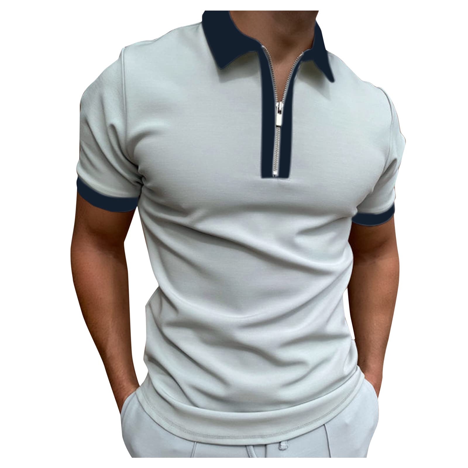 BEUU Men's Slim Fit Striped Short Sleeve Polo Shirt - Business Casual Workwear for Office & Outdoor - Breathable Summer & Fall Zipper T-Shirt for Professional Style