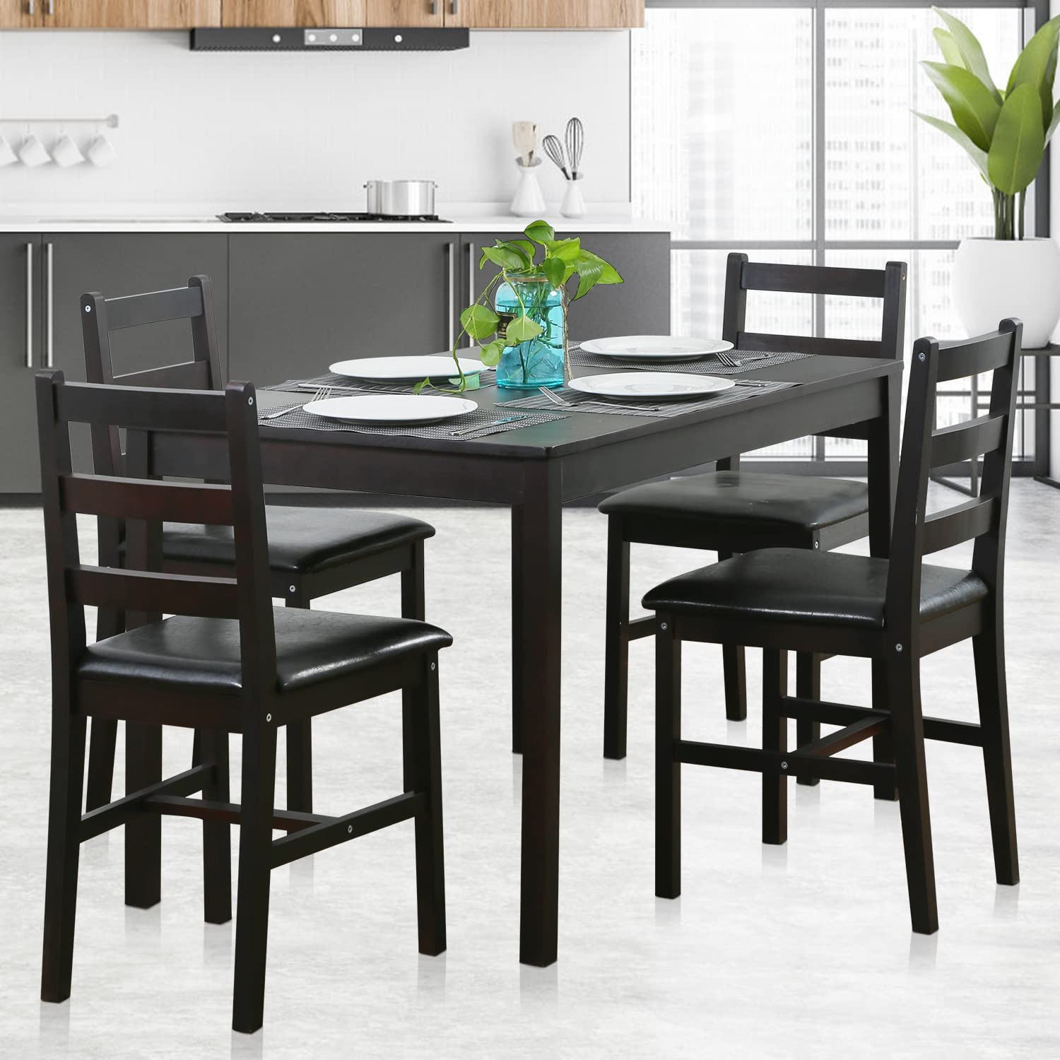 5-Piece Wooden Dining Table Set for 4 - Rectangular Kitchen Table with PU Leather Chairs - Perfect for Small Kitchens, Dining Rooms & Apartments (Black)