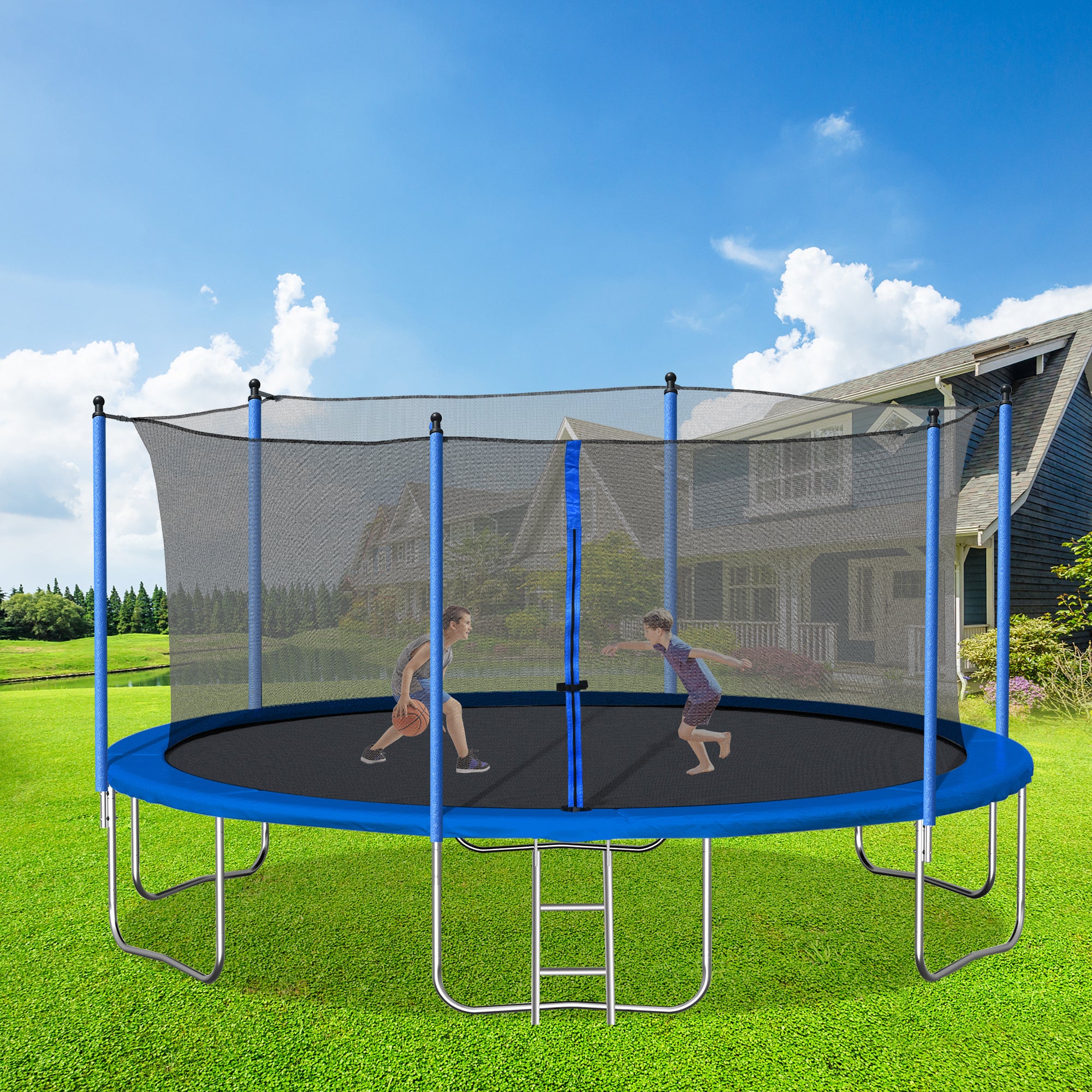 14FT Trampoline with Safety Enclosure Net - Heavy Duty Jumping Mat & Spring Padding for Kids & Adults - Outdoor Backyard Fun for Family Exercise & Recreation - Includes Ladder