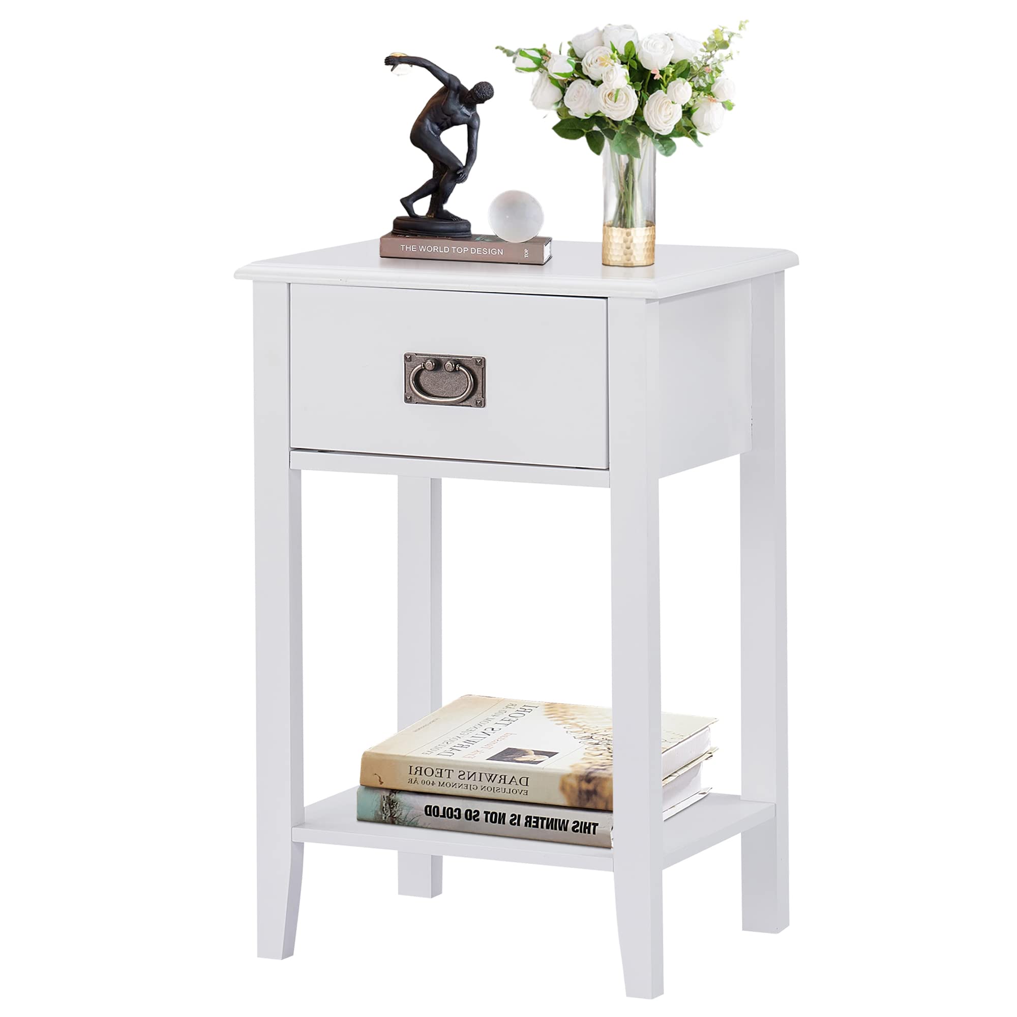 VECELO White Nightstand with 2 Drawers - Solid Wood Legs Vintage End Table for Bedroom, Living Room & Small Spaces - Perfect for Storing Books, Lamps & Bedside Essentials