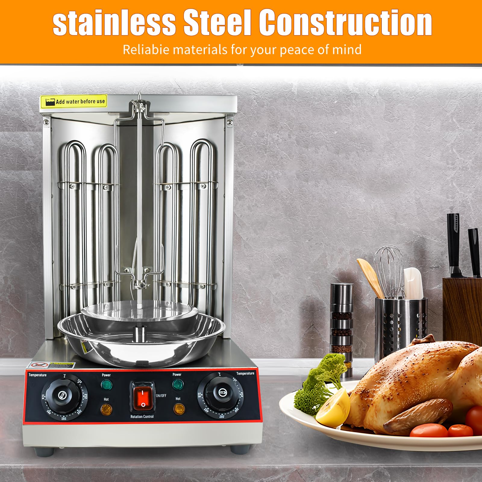 YOOKTEN 3000W Commercial Electric Shawarma Grill Machine - Stainless Steel Vertical Rotisserie for Doner Kebab, Gyro & Chicken - Includes Meat Catch Pan (Silver) - Perfect for Restaurants, Food Trucks & Home Kitchens