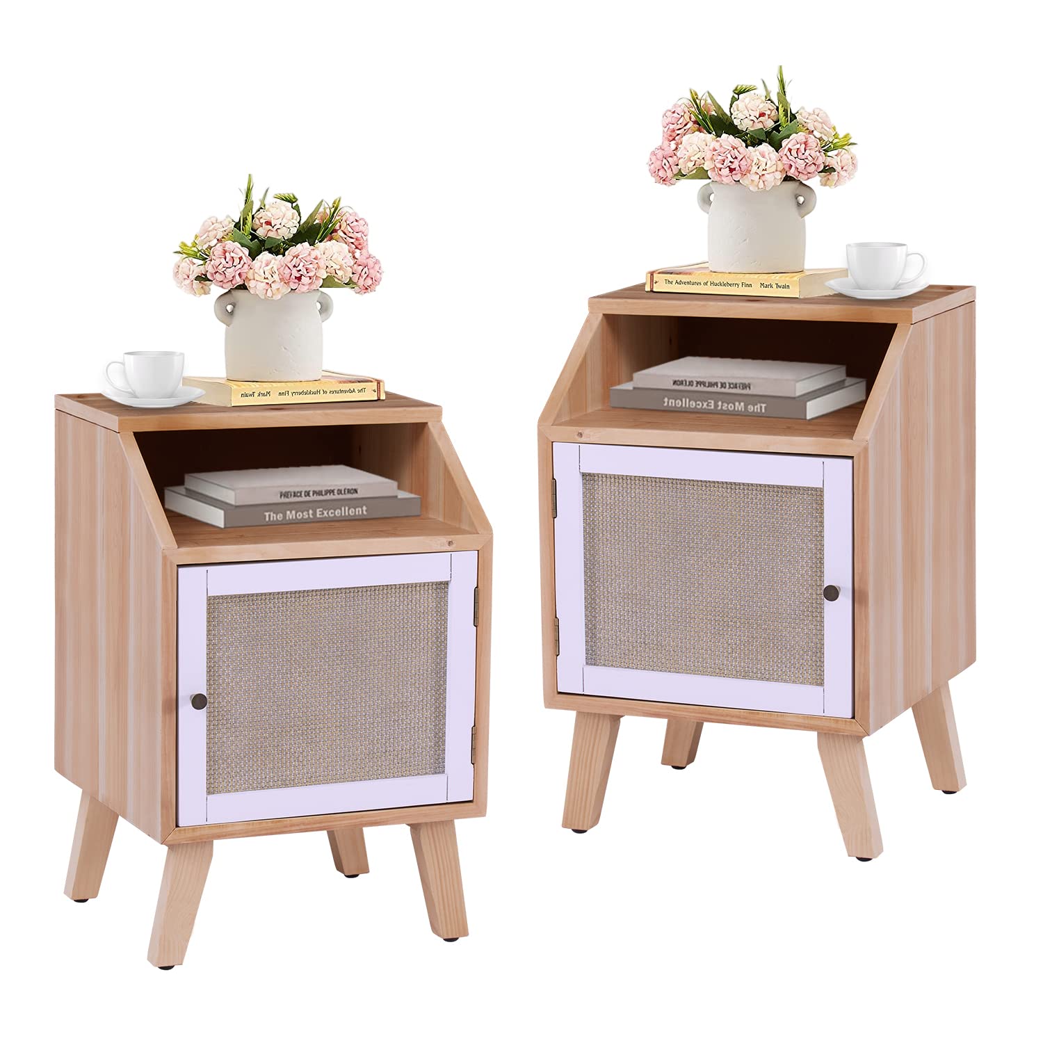 Kinbor Rattan Nightstands with Open Shelf & Door Cabinet - Set of 2 Natural Wooden End Tables for Bedroom & Living Room - Perfect as Sofa Side Table, Bedside Table or Accent Furniture for Small Spaces