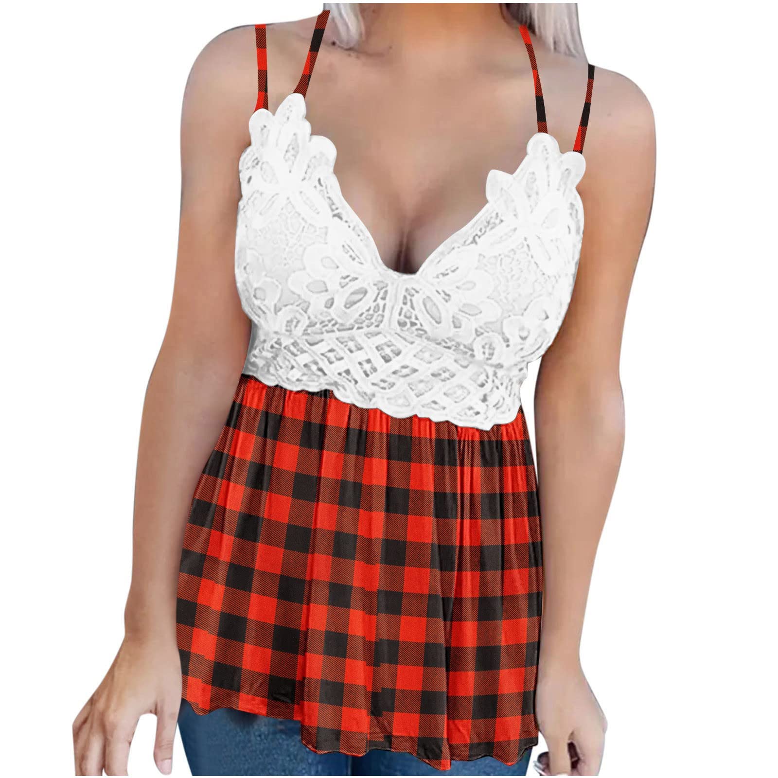 Women's Fashion Lace Patchwork Printed Vest Sleeveless Blouse with Suspenders - Casual Going Out Tops for Summer, Date Night & Party Wear