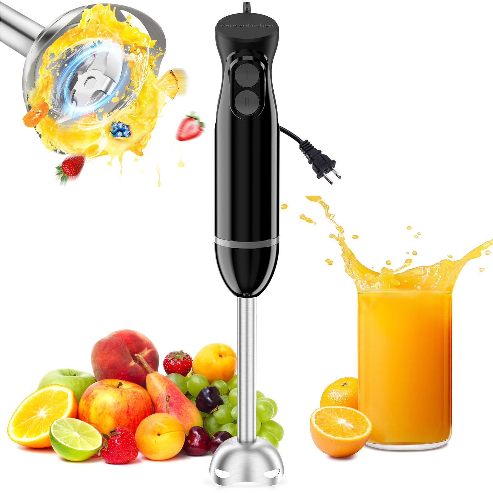Bonsenkitchen Immersion Hand Blender - 2-Speed Electric Stick Mixer with Stainless Steel Blades for Smoothies, Soups, Purees & Baby Food - Perfect for Kitchen, Baby Food Prep & Healthy Blending at Home