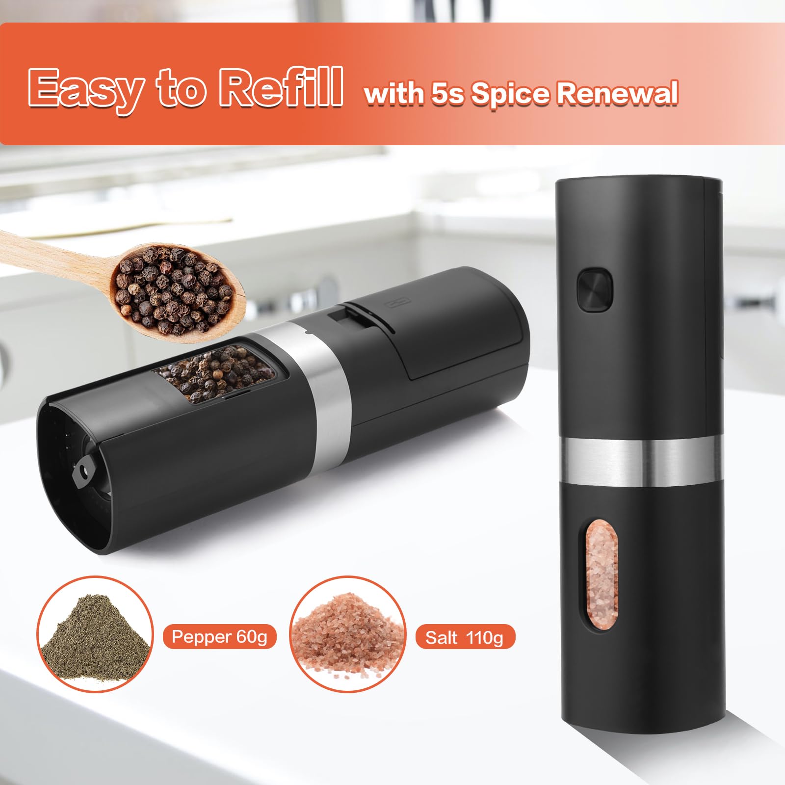 Rechargeable Electric Salt and Pepper Grinder Set - Battery-Free Automatic Mill with Charging Base, Adjustable Coarseness & Blue LED Light - 2 Pack for Kitchen, Dining Table, BBQ, Camping, and Gifting