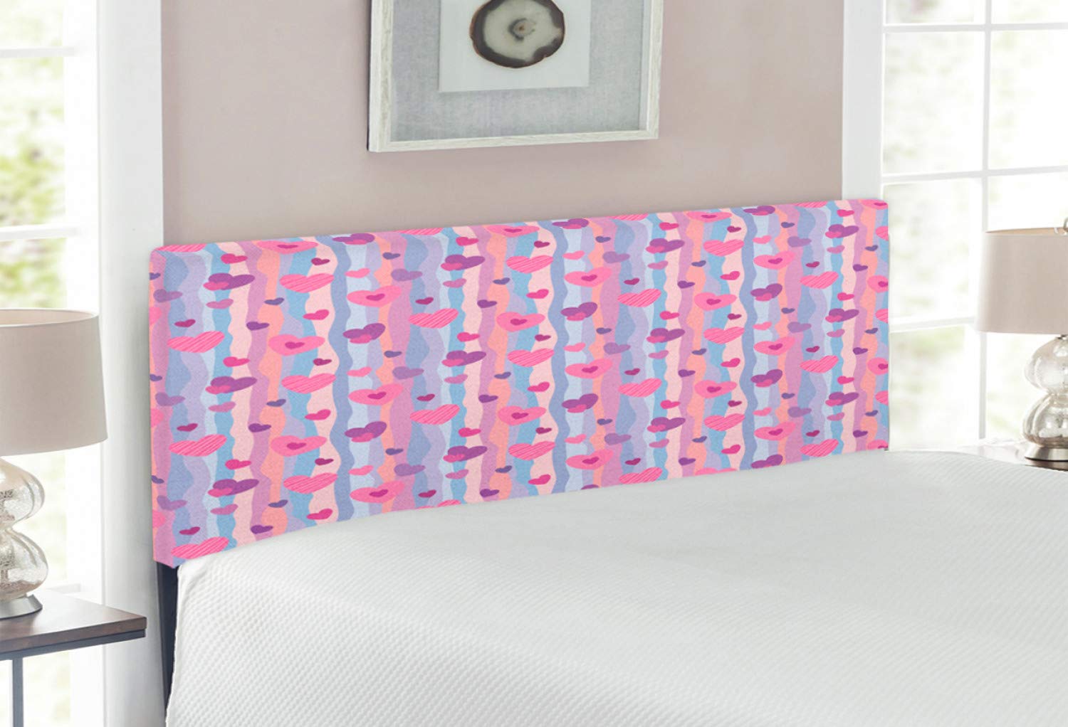 Ambesonne Upholstered Metal Headboard with Memory Foam - Full Size Romantic Hearts & Vertical Stripes Design - Pale Mauve Purple - Perfect for Valentine's Day, Wedding Bedroom Decor & Master Suite Makeover